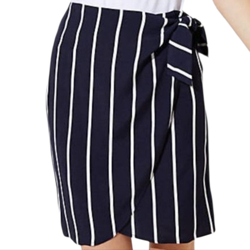LOFT Navy and White Striped Faux Wrap Skirt
